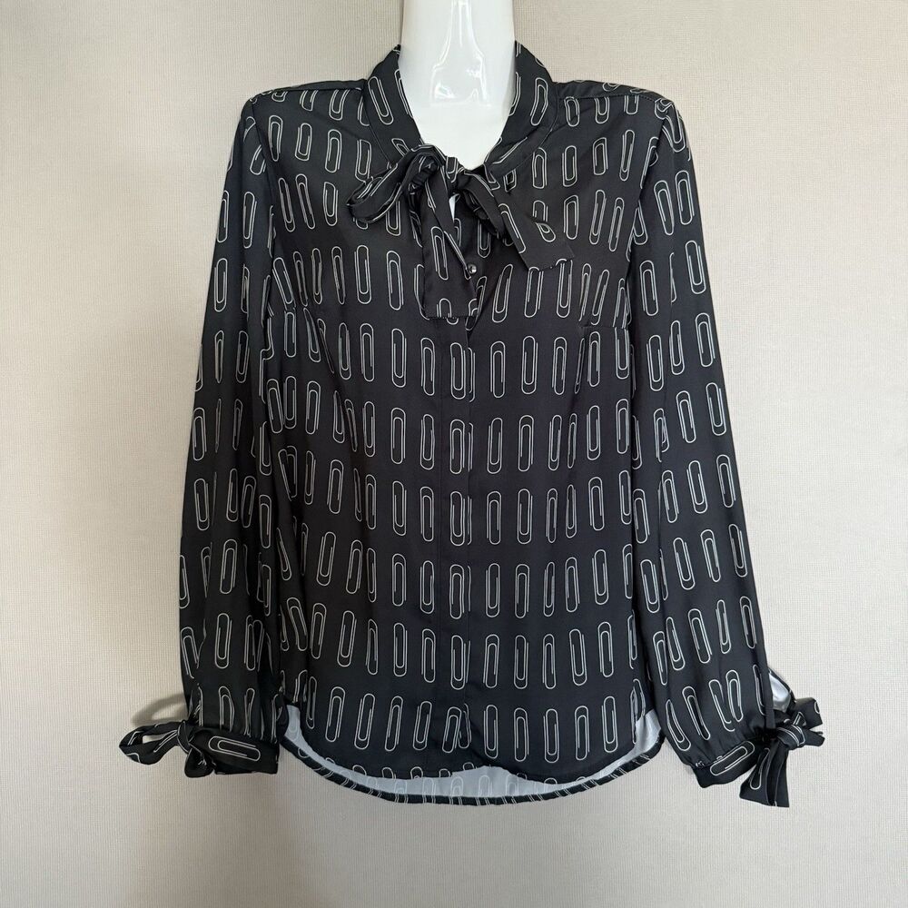 ModCloth Novelty Print Top Medium M Button Up Shirt Paperclip Tie Neck Blouse